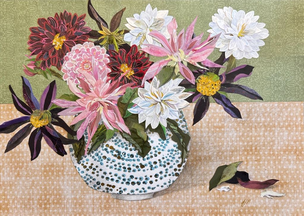 Dahlia floral still life abstract collage

Available as framed original collage artwork, 16" x 20"