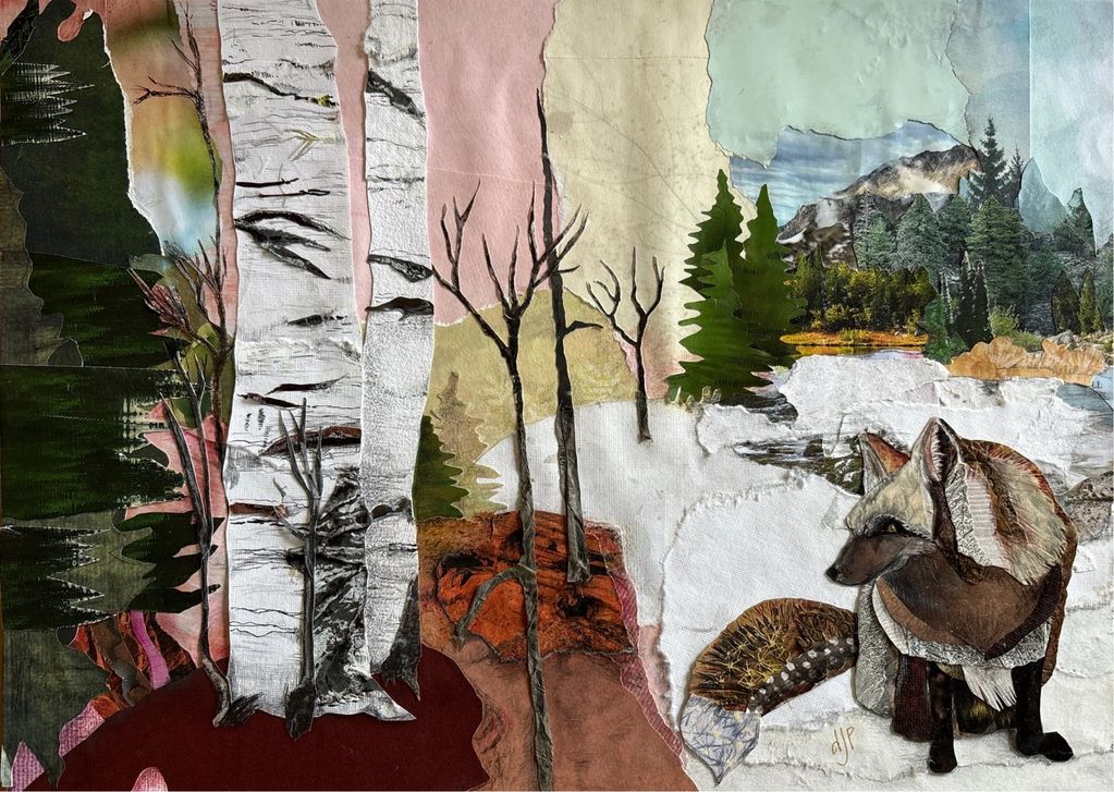Winter wilderness with fox abstract collage

Available as framed original collage artwork, 16" x 20"