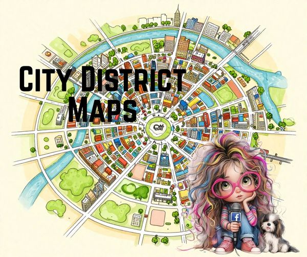 Colorful circular city district map with a girl and her dog.