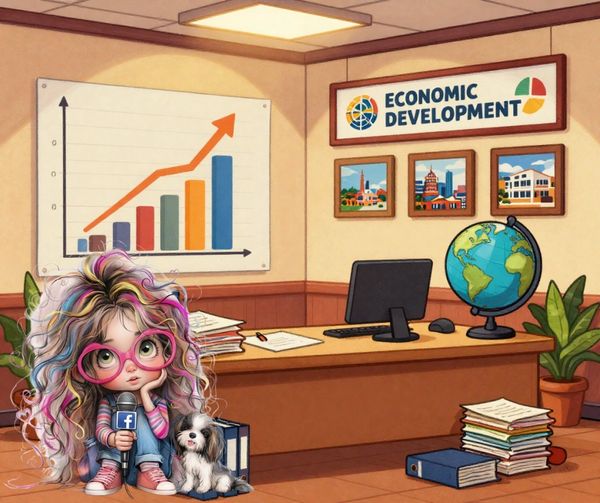 A colorful girl with glasses and a dog in an economic development office.