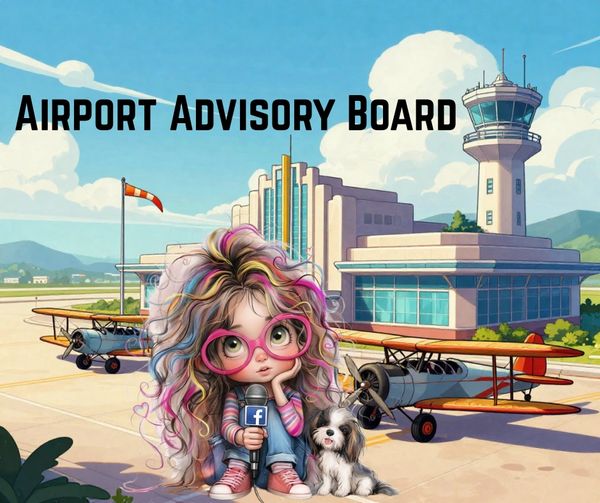 Cartoon girl with microphone and dog at airport with old planes and control tower.