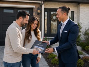 Couple receiving a house buying guide from a real estate agent.