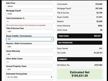 Screenshot of a real estate transaction financial summary.