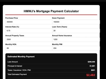 Mortgage payment calculator showing $2,482 monthly payment.