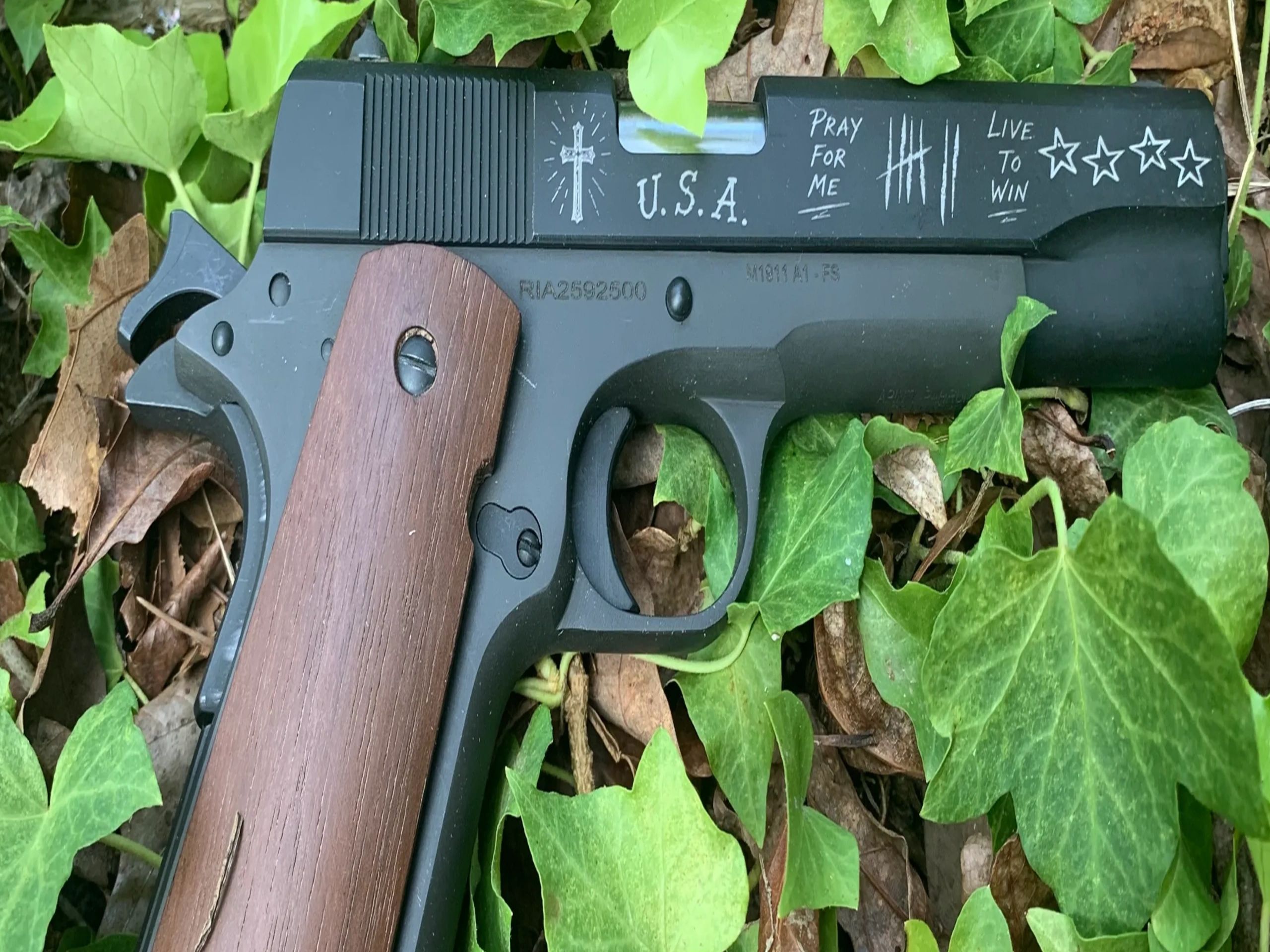 Close-up of a handgun with inscriptions lying on leaves.
