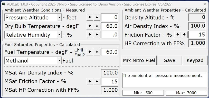 Screenshot of ADICalc 1.0.0 weather and fuel properties interface.