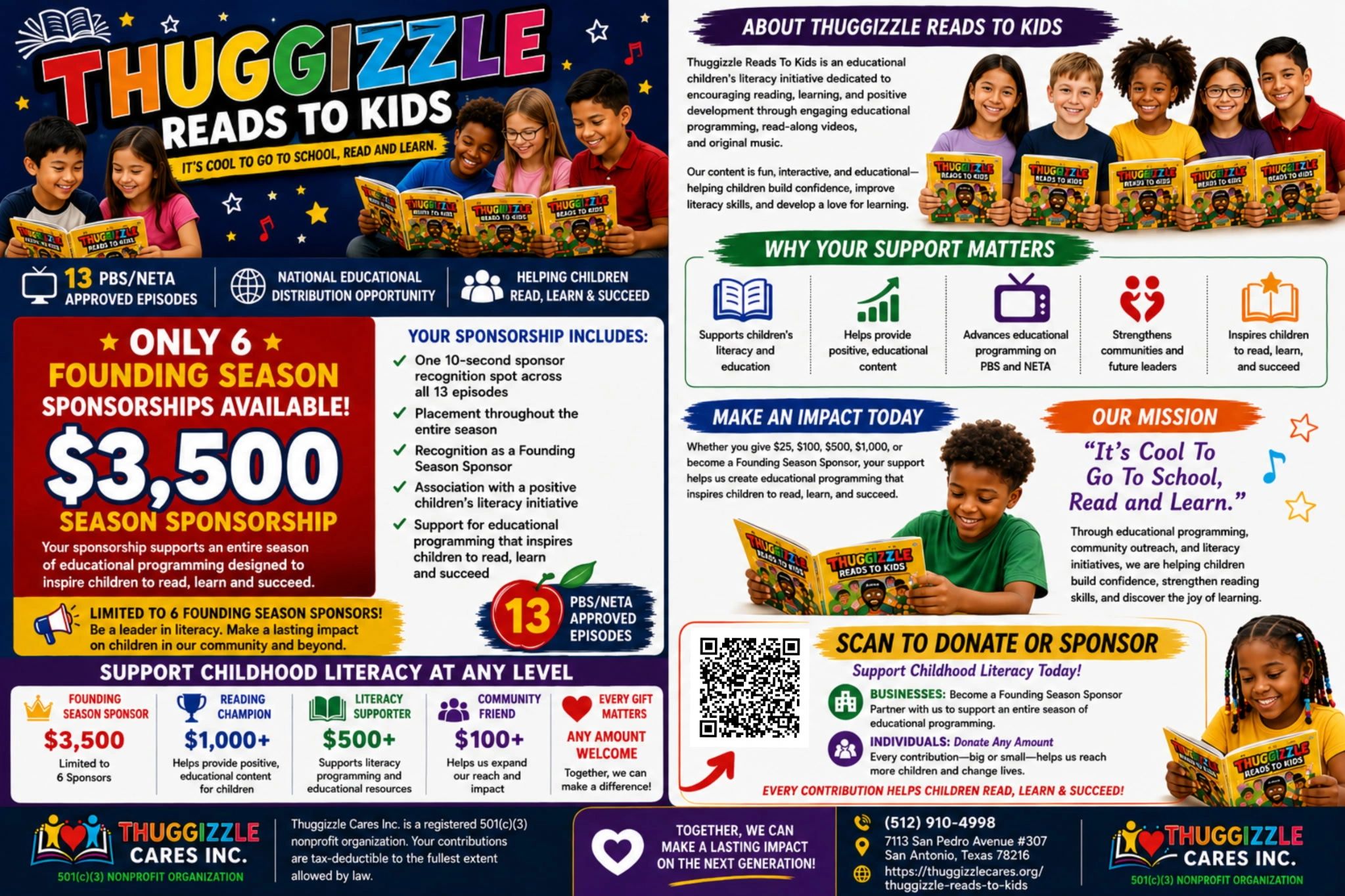 Colorful flyer promoting Thuggizzle Reads to Kids literacy program and sponsorships.