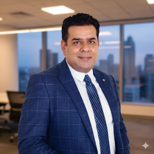 Confident man in a blue suit standing in a modern office with cityscape background.
