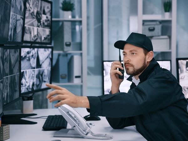 A security guard looking on security cameras