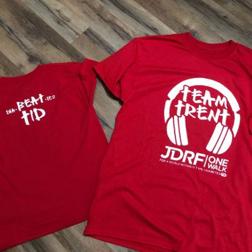 Front and back of screen printed tshirts for JDRF Team Trent