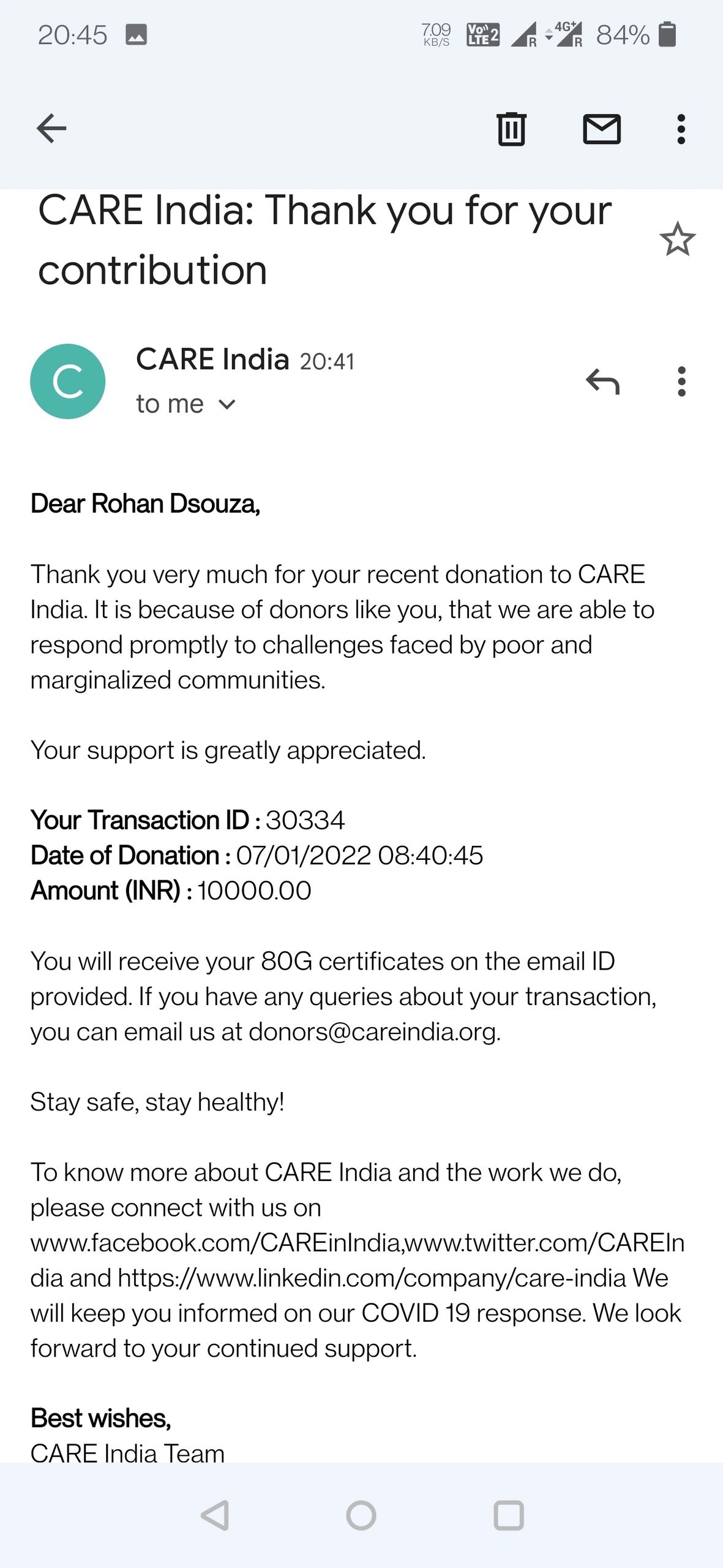 Second Donation made on Jan 07, 2022