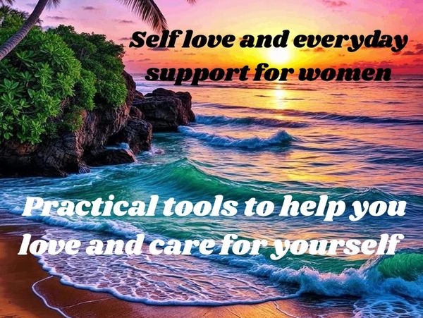 Sunset beach with self-love support message for women.