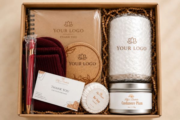 Luxury branded gift box with cozy and elegant items for self-care and gratitude.