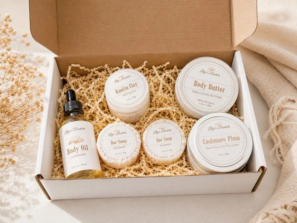 A gift box with natural skincare products including body oil, clay, soap, and body butter.