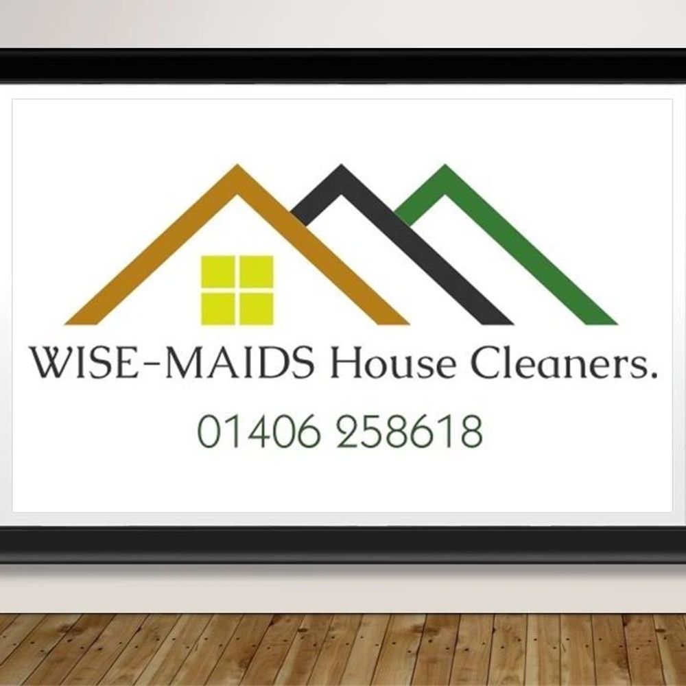 Logo of WISE-MAIDS House Cleaners with contact number.