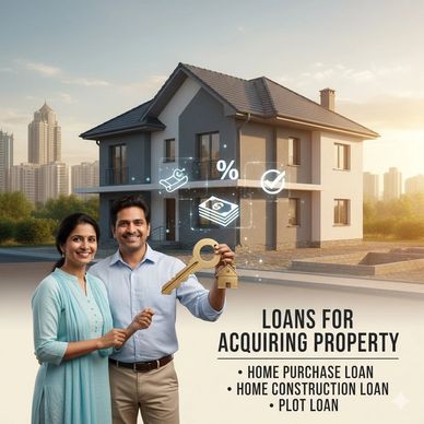 Happy couple holding a key in front of a new house, promoting property loans.