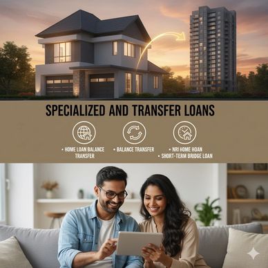 Couple exploring specialized and transfer home loan options online.