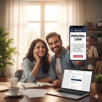 Happy couple showing approved personal loan details on smartphone app indoors.