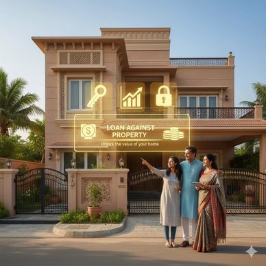 Family standing in front of a house with loan against property icons.