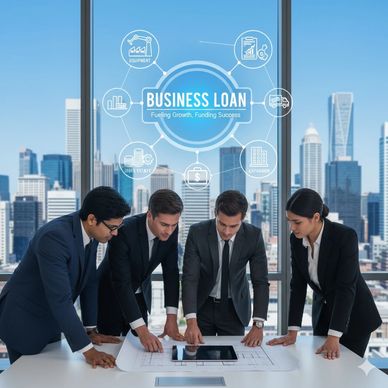 Four business professionals discussing plans with business loan concepts.