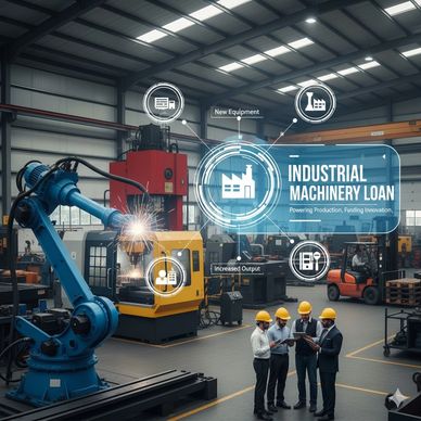 Engineers discuss industrial machinery loans in a factory with advanced robotic equipment.