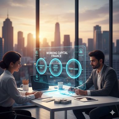 Two professionals discuss working capital finance with futuristic digital interface in a city office.