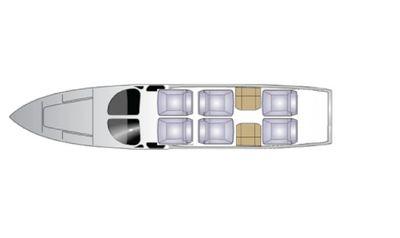 Top view layout of a boat with six seats and two tables.