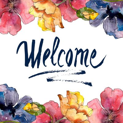 Colorful floral welcome card with handwritten text.
