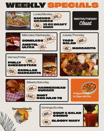 Menu of weekly food and drink specials with prices.