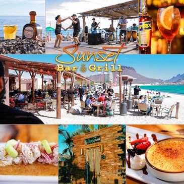 Sunset Bar &amp; Grill by the beach with food, drinks, and live music.
