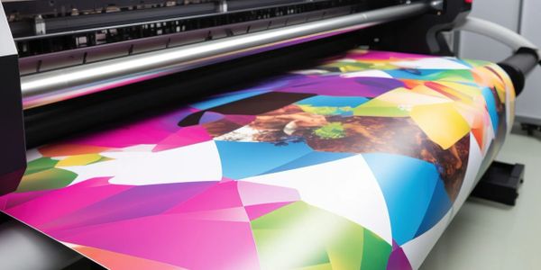 A large printer producing a vibrant, colorful print.