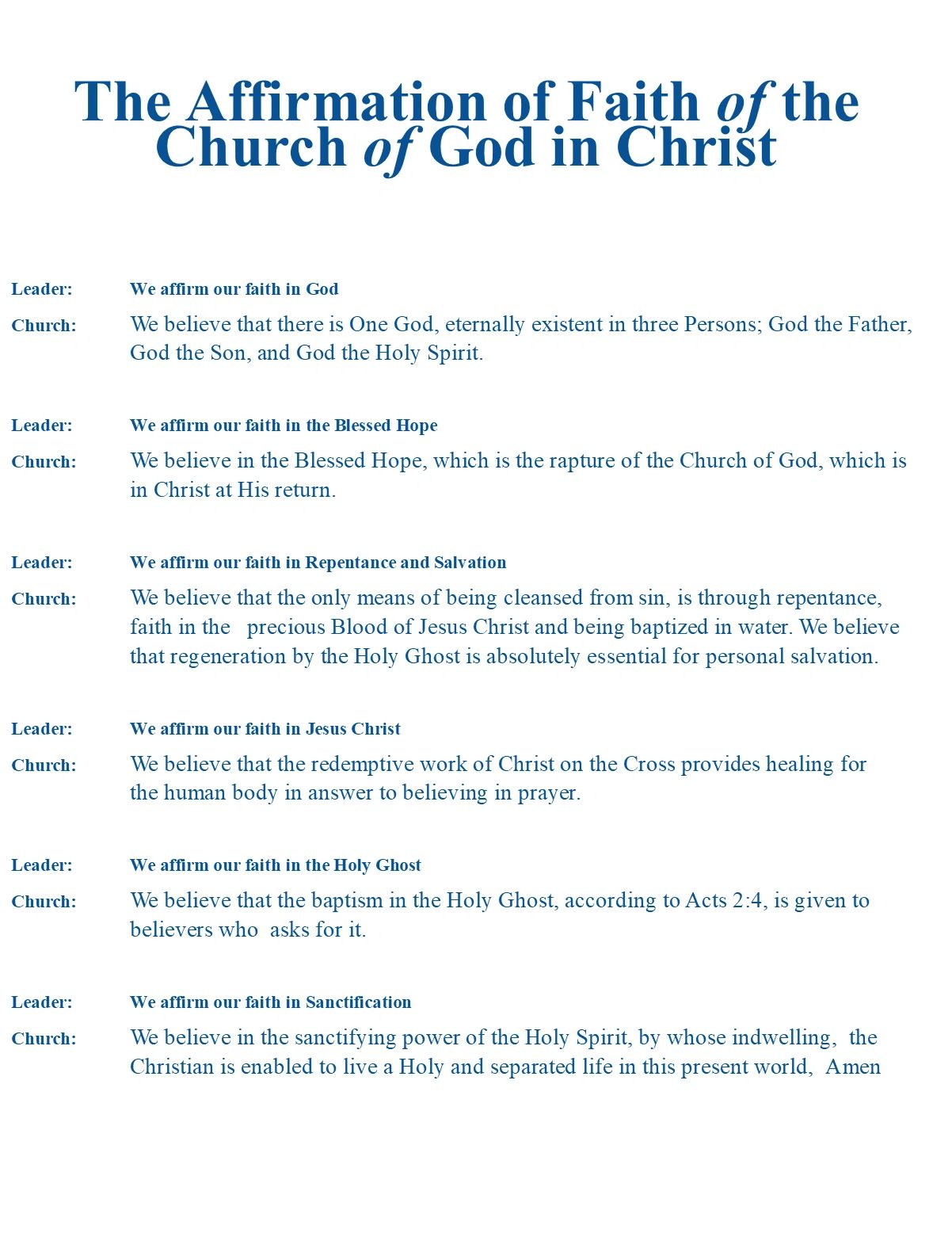 Church of God in Christ - Affirmation of Faith