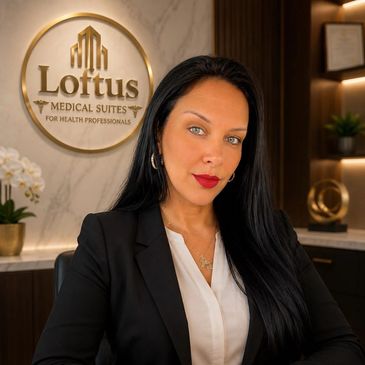 Fabiane Garcia, Operations Manager at Loftus Medical Suites, posing in a modern professional office in Coconut Creek, Florida.