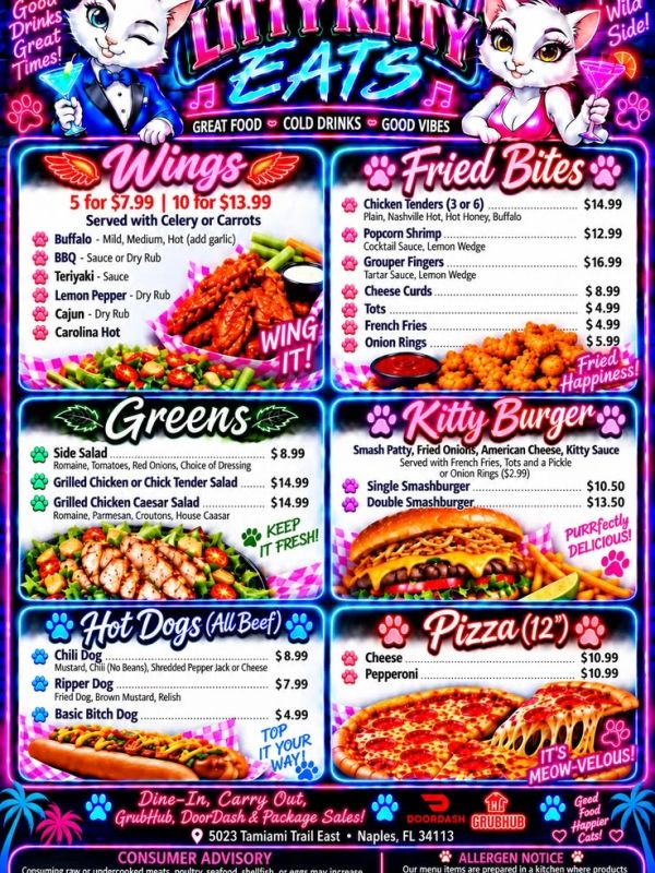 Menu with wings, fried bites, greens, kitty burgers, hot dogs, and pizza.