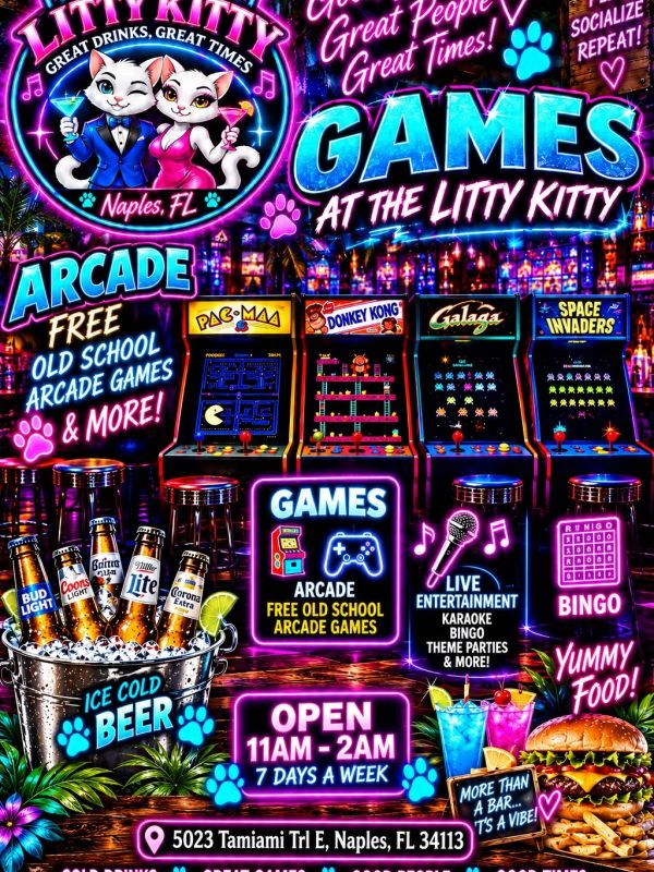 The Litty Kitty arcade and bar with games, drinks, and food in Naples, FL.