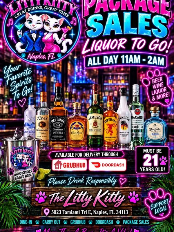 Litty Kitty liquor package sales with delivery options and age restriction.