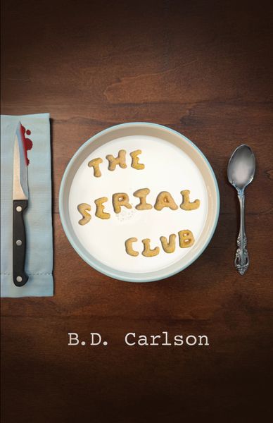 A bowl of milk with alphabet cereal spelling 'The Serial Club' next to a bloody knife and spoon.