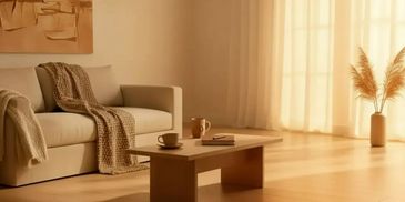 Cozy living room with beige sofa and warm sunlight.