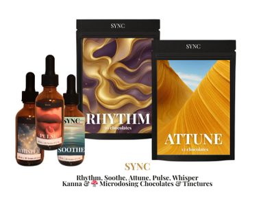 Microdosing chocolates and tinctures from SYNC with vibrant packaging.