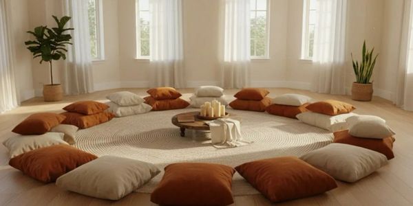 Cozy circle of cushions around a low table with candles in a sunlit room.