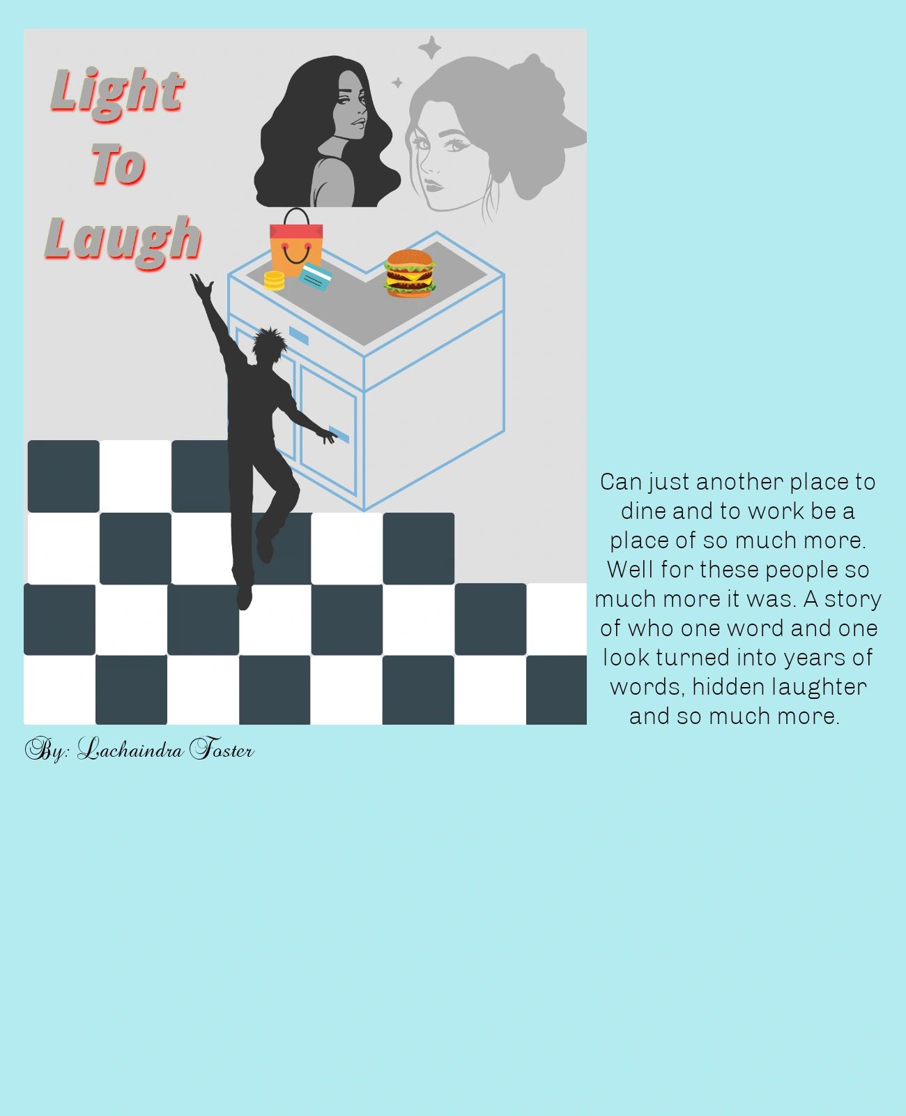 Silhouetted person dancing on checkerboard floor with floating faces and kitchen items.