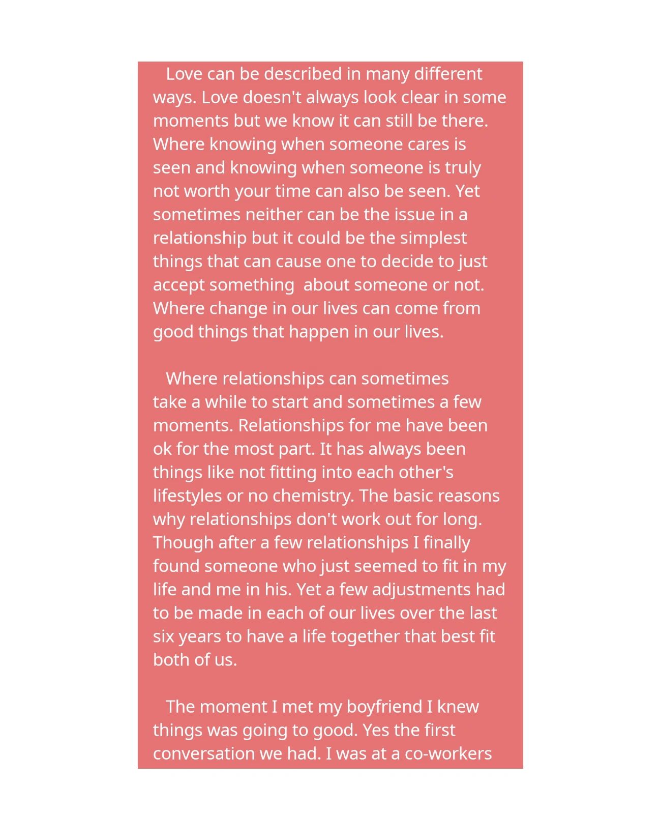 Text discussing the complexities and experiences of love and relationships.