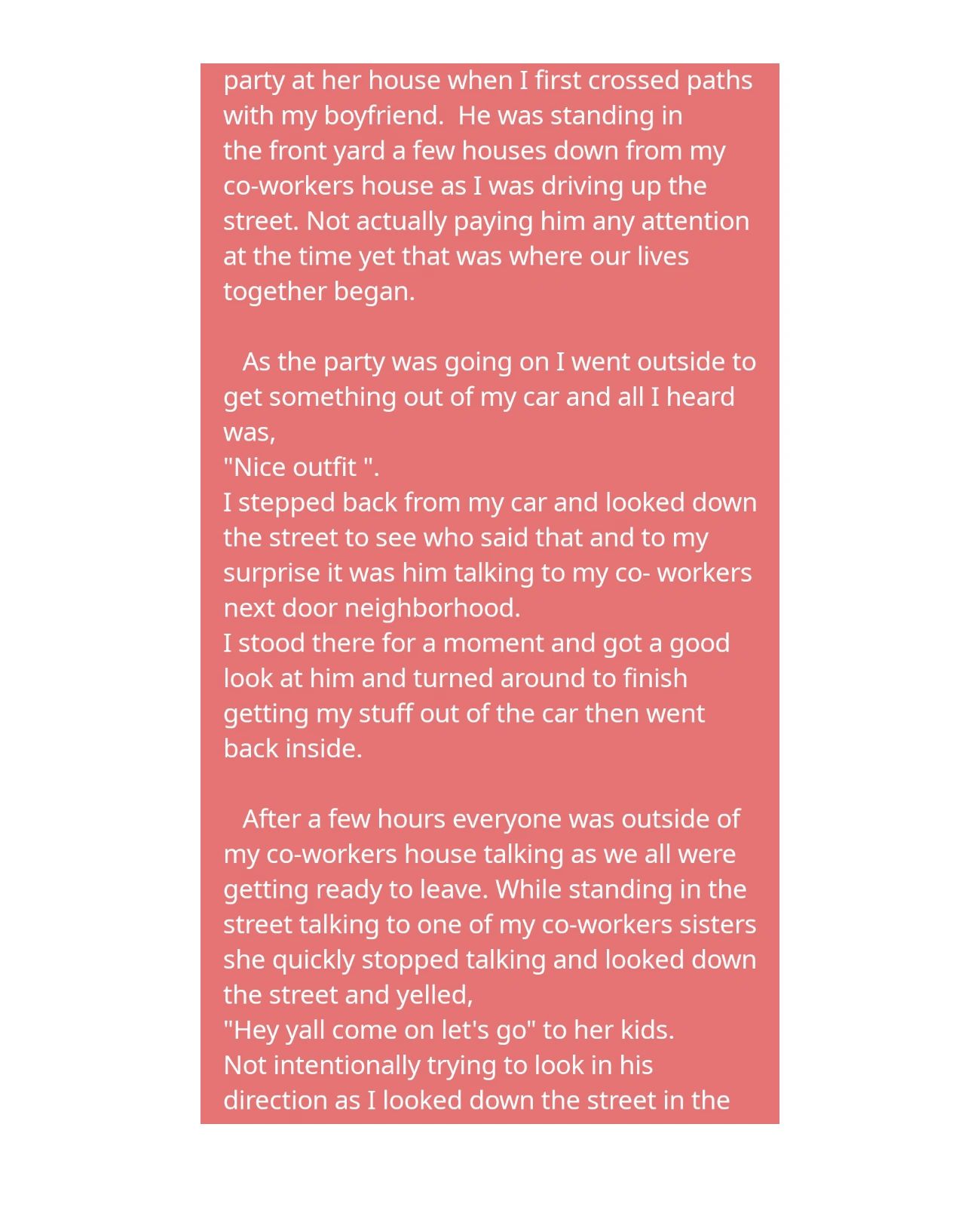 A personal story about a chance meeting and connection at a party.