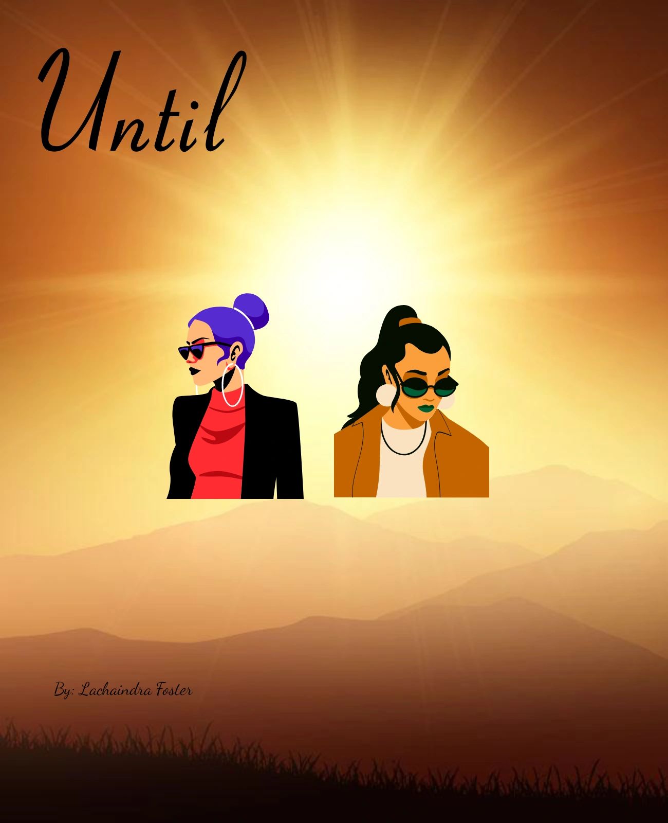Two stylish women with sunglasses against a glowing sunset background.