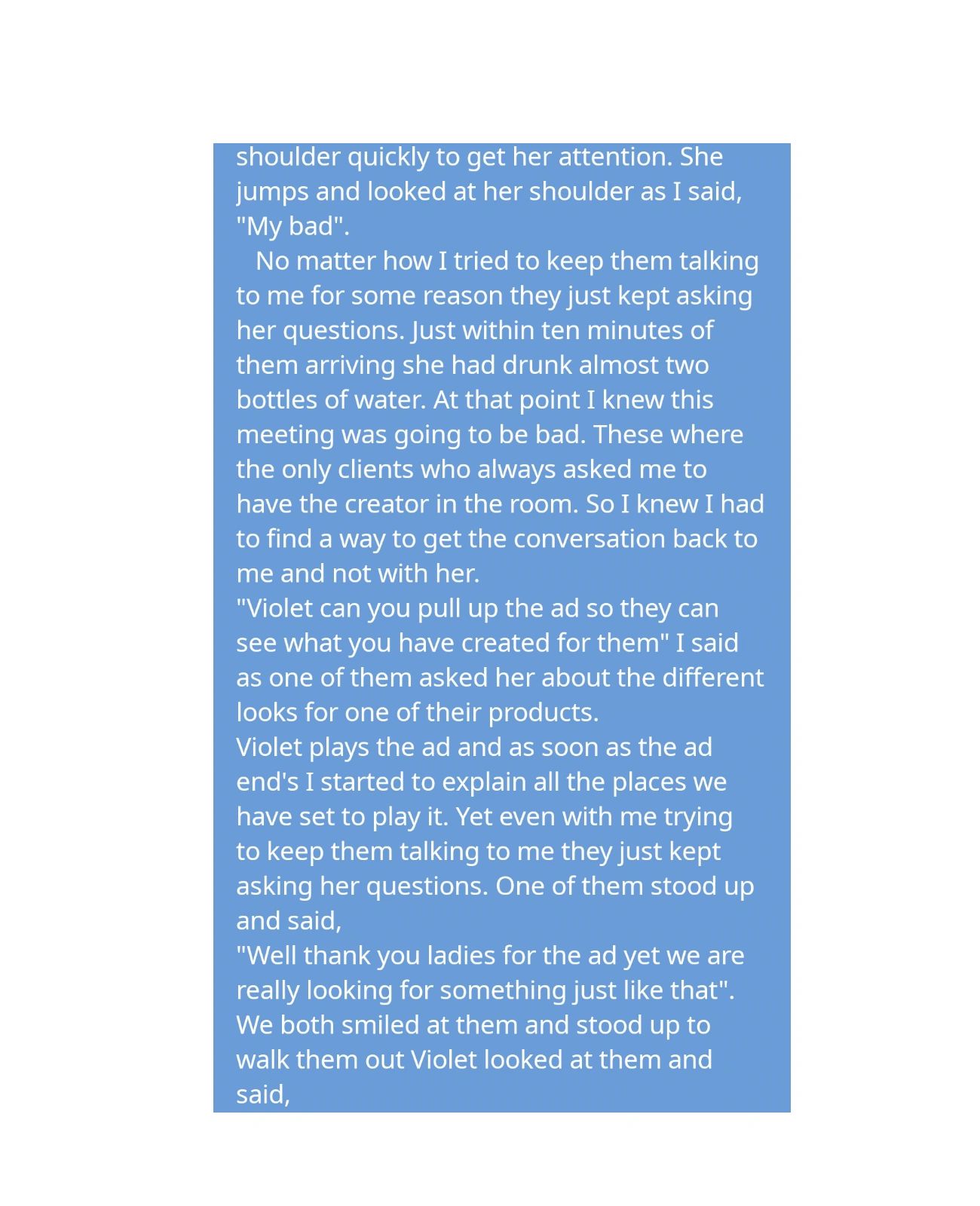 Text excerpt about a challenging client meeting involving a creator named Violet.