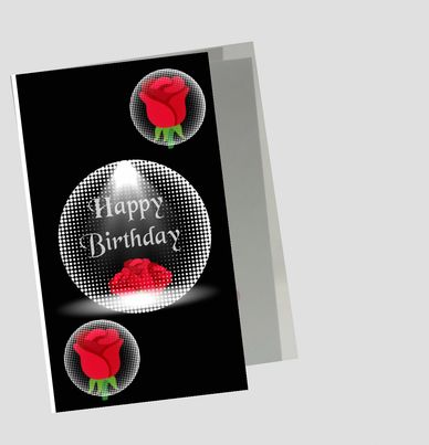 Black birthday card with red roses and white dotted circles.