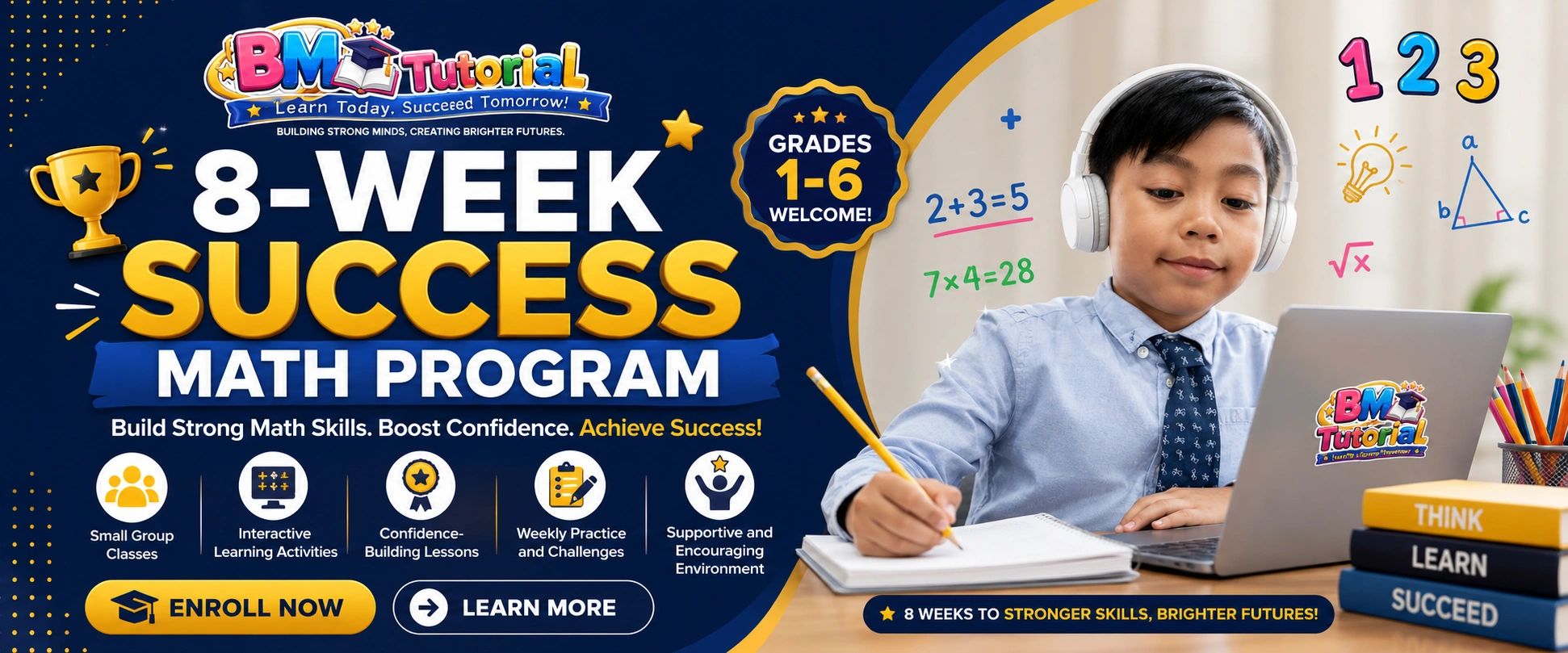 8-week math success program for grades 1-6 with small group classes and interactive learning.