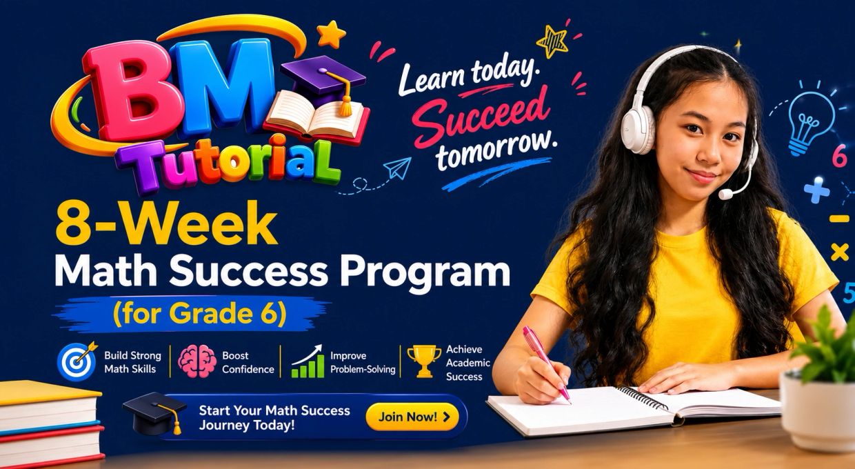 A young girl studies with headphones in an 8-week math success program for grade 6.