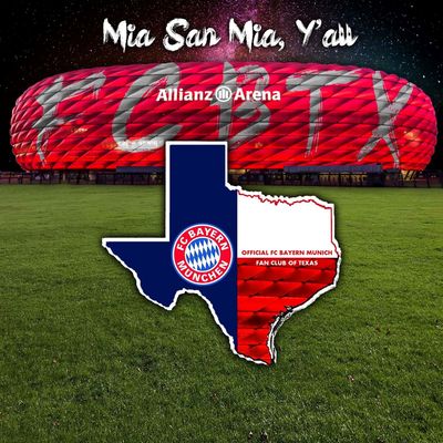 FC Bayern Munich fan club of Texas logo with Allianz Arena backdrop.