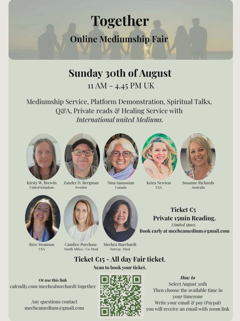 Flyer for Together Online Mediumship Fair on August 30th with international mediums.